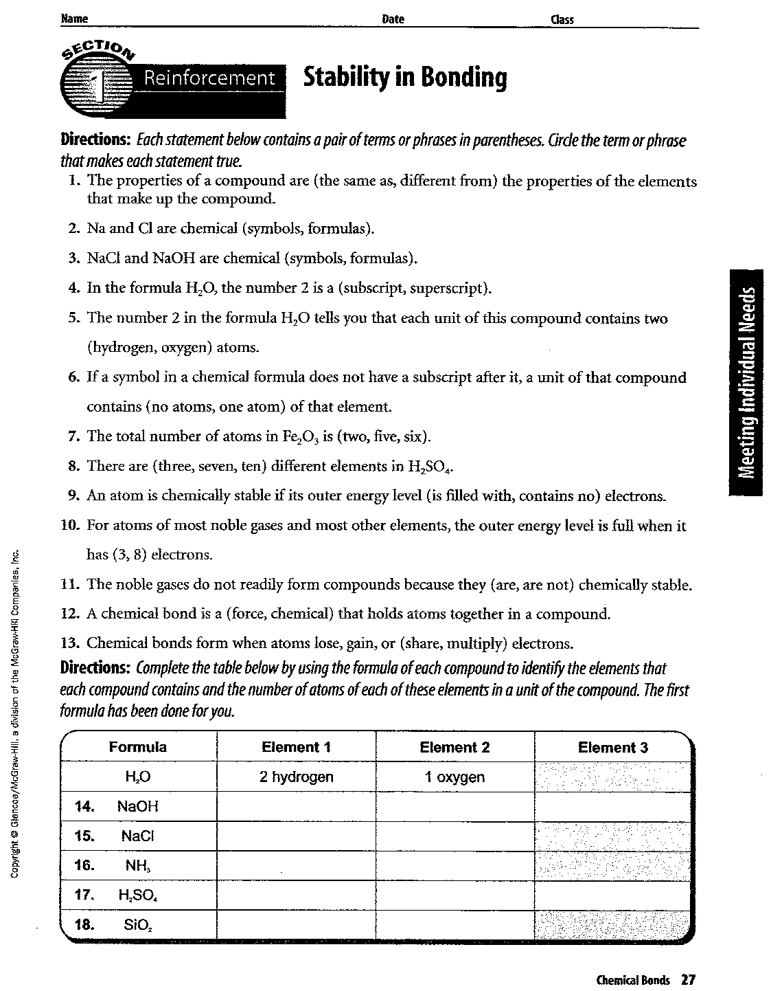 Section 1 Stability In Bonding Section 2 Types Of Bonds Worksheet Answers